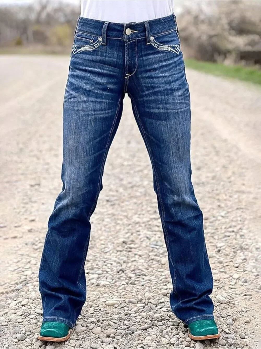 Women's Indigo Blue Pull On Mid Rise Flare Leg Zipper Lifting Bootcut Jeans